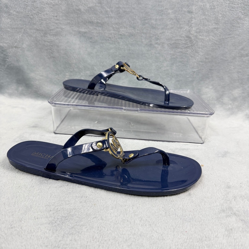Michael Kors Womens 8 Navy Blue Jelly Flip Flop Flat MK Logo Medallion Sandal